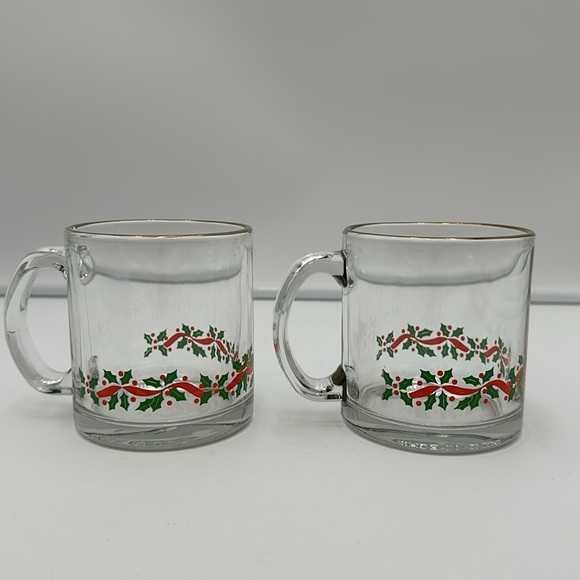 Libbey Glass Coffee Mugs Christmas Holly & Ribbon set of 2 - Picture 5 of 16
